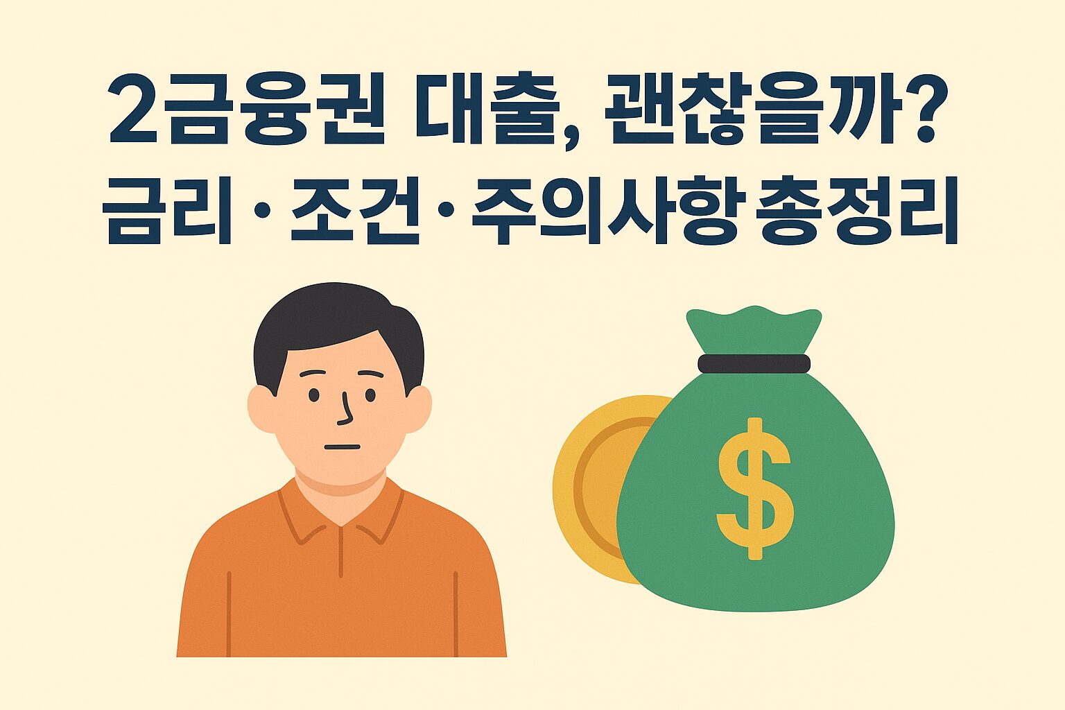 A flat-style digital illustration with a beige background shows bold Korean text reading "2금융권 대출, 괜찮을까? 금리·조건·주의사항 총정리." On the left is a neutral-faced man in an orange shirt, and on the right, a green money bag with a yellow dollar sign sits in front of a gold coin. The design is clean, with a balanced layout emphasizing financial advice.