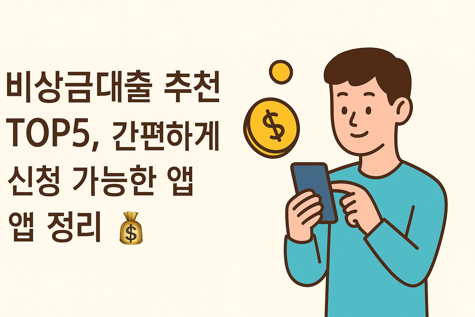 A flat-style digital illustration with a beige background features bold Korean text reading "비상금대출 추천 TOP5, 간편하게 신청 가능한 앱 정리." To the right, a cheerful young man in a turquoise shirt looks at his smartphone, with yellow coins floating nearby. The layout is light and friendly, emphasizing mobile loan accessibility.