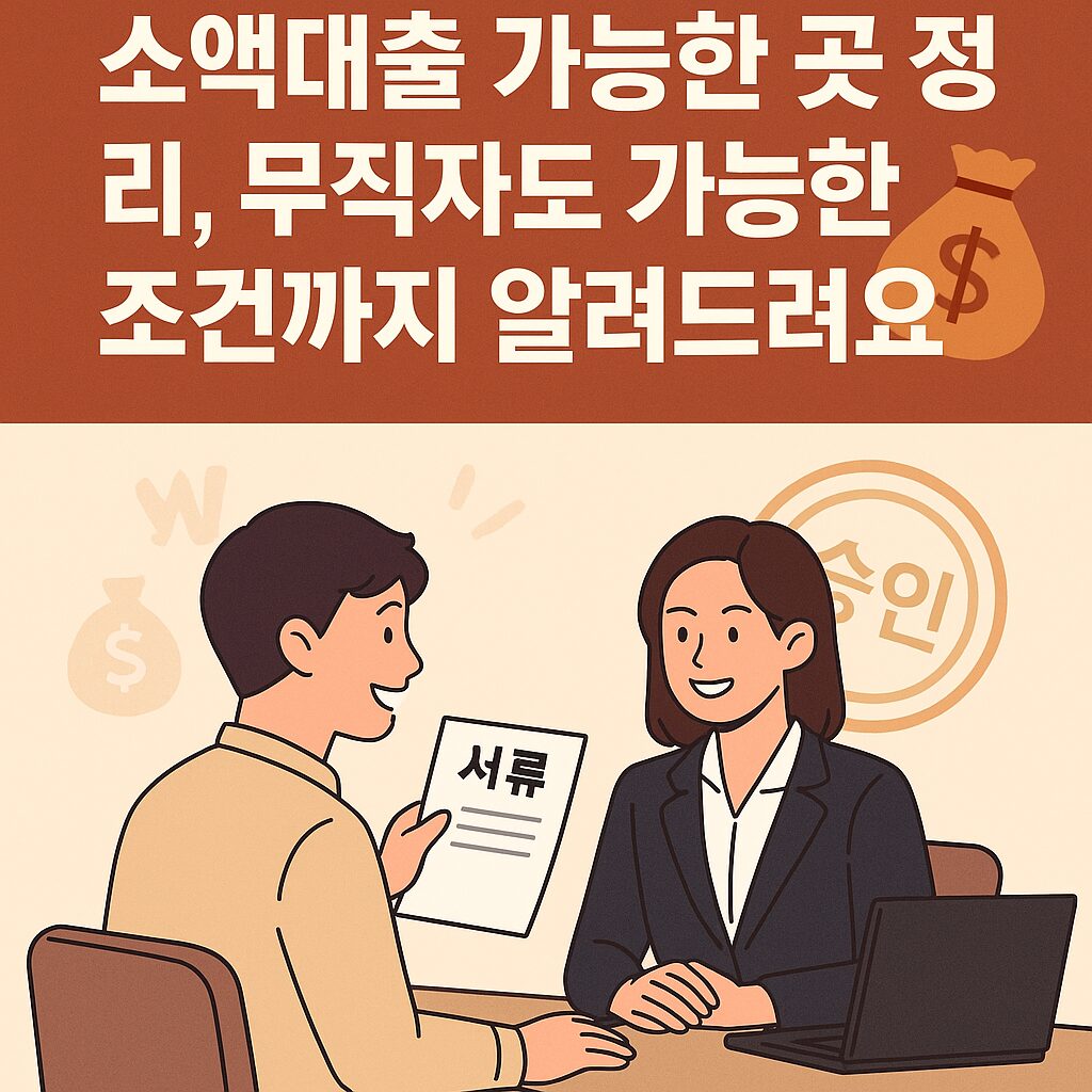“‘소액대출 가능한 곳 정리, 무직자도 가능한 조건까지 알려드려요 💰’라는 문구가 상단에 큼직하게 표시돼 있고, 하단에는 서류를 들고 상담받는 사람과 금융 상담 창구 직원이 마주 앉아 있는 모습이 등장한다. 배경에는 돈 아이콘과 승인 도장이 어우러져 있고, 친절하고 신뢰감 있는 분위기를 전달한다.”