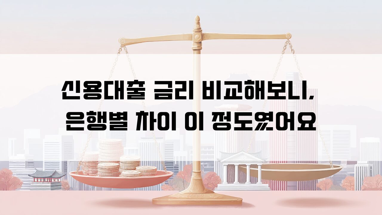 A flat-style digital illustration with a beige background displays bold Korean text reading "신용대출 금리 비교해보니, 은행별 차이 이 정도였어요." On the left is a red-orange money bag with a white ₩ symbol, and on the right, a smiling young man in a blue shirt holds a clipboard showing a teal bar chart. The layout is clean and visually balanced for financial content.