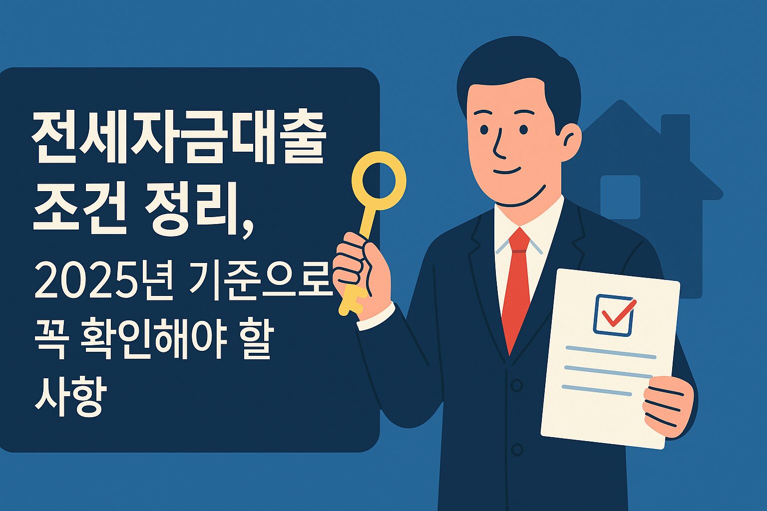 전세자금대출 조건 정리, 2025년 기준으로 꼭 확인해야 할 사항'이라는 전체 문구가 올바른 철자와 줄바꿈으로 이미지 왼쪽 네이비 박스에 정확히 삽입된 16:9 썸네일. 오른쪽에는 정장을 입은 남성이 열쇠와 체크리스트를 들고 있고, 파란 집 아이콘이 배경에 배치되어 있음.