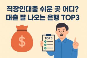 A flat-style digital illustration displays bold Korean text reading "직장인대출 쉬운 곳 어디? 대출 잘 나오는 은행 TOP3" on a beige background. On the left is a red-orange money bag with a dollar sign, while on the right, a smiling man in a blue shirt holds a clipboard labeled "TOP 3" with checkmarks. The design is clean and informative, using simple graphics and a balanced layout.