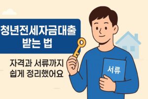 청년전세자금대출 받는 법이라는 문구와 함께 자격과 서류 준비를 강조하는 플랫 스타일의 16:9 썸네일 이미지. 젊은 남성이 열쇠와 서류를 들고 있으며, 배경에 주택 아이콘이 포함되어 직관적으로 정보를 전달함.