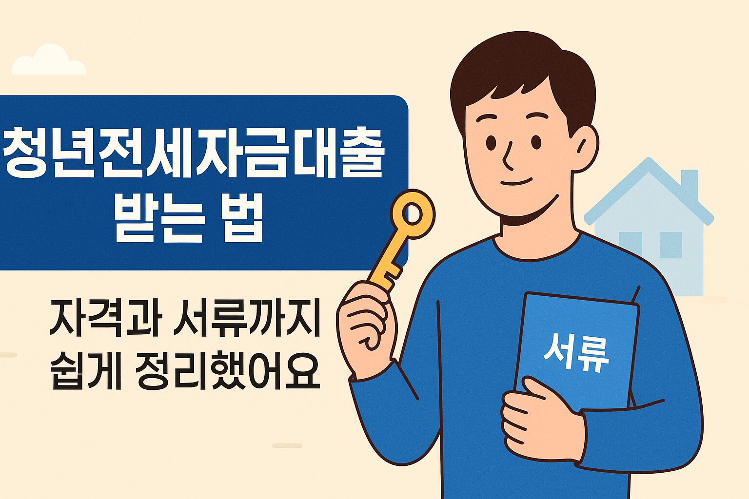청년전세자금대출 받는 법이라는 문구와 함께 자격과 서류 준비를 강조하는 플랫 스타일의 16:9 썸네일 이미지. 젊은 남성이 열쇠와 서류를 들고 있으며, 배경에 주택 아이콘이 포함되어 직관적으로 정보를 전달함.